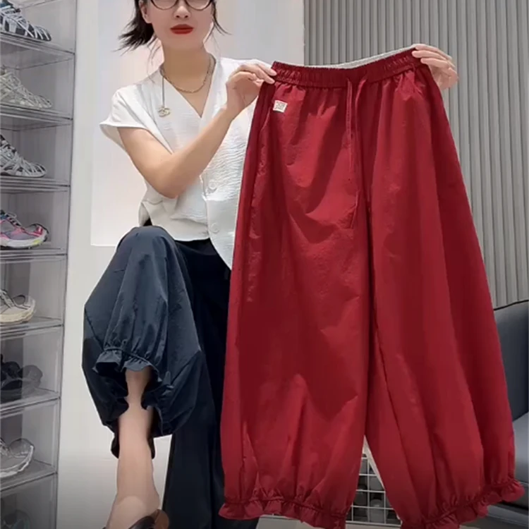 2025夏季时尚松紧腰抽绳休闲裤女高腰灯笼裤木耳边设计感九分裤潮