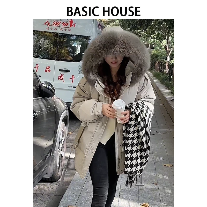 Basic House/百家好MLS韩系氛围感90白鸭绒中长款羽绒服狐狸毛领