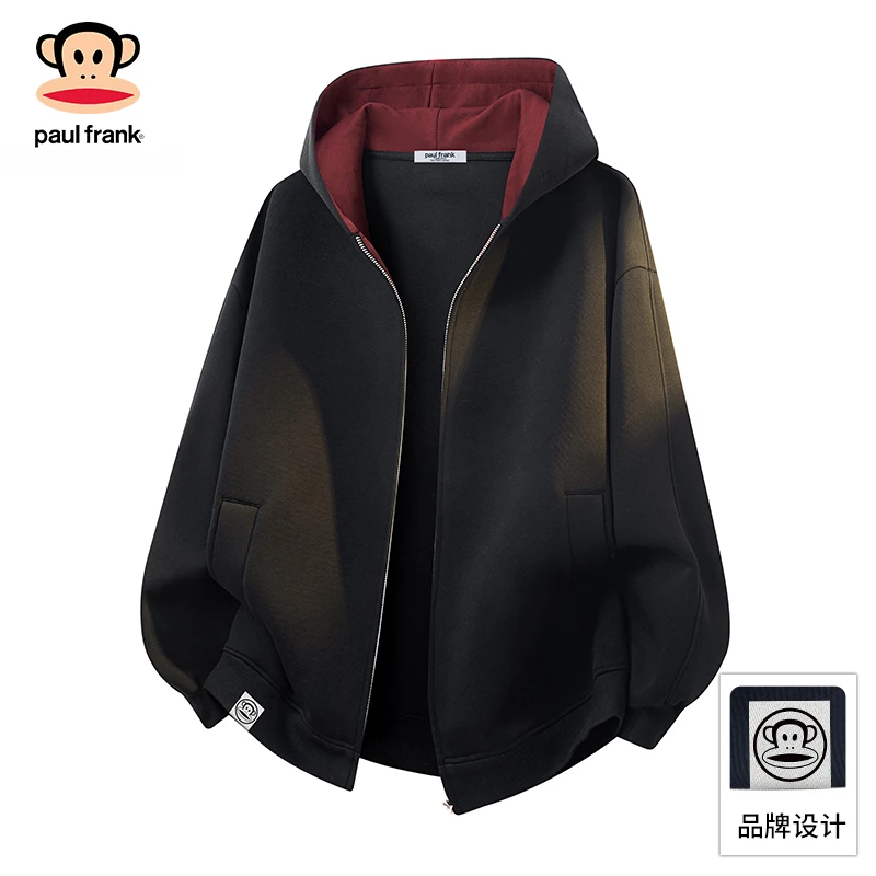 PaulFrank/大嘴猴美式黑色连帽卫衣男士2025秋季新款重磅休闲外套