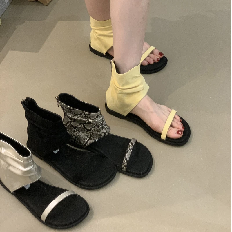 LB-F844设计感小众凉鞋女鞋2025年夏季褶皱露趾时尚百搭罗马凉靴