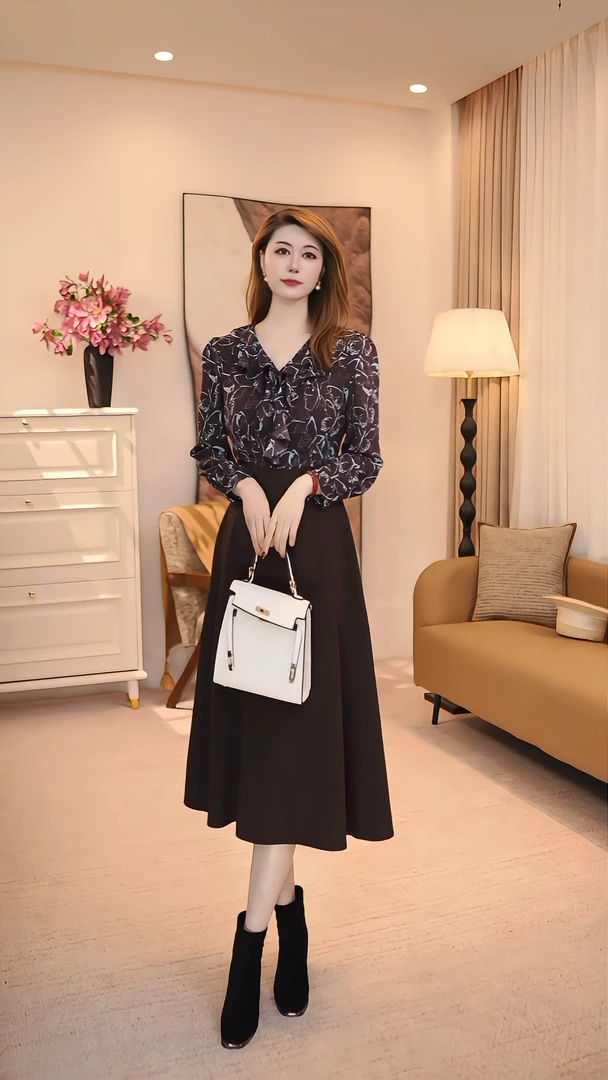 拼接春秋季修身显瘦气质连衣裙高腰女装修身复古 86164