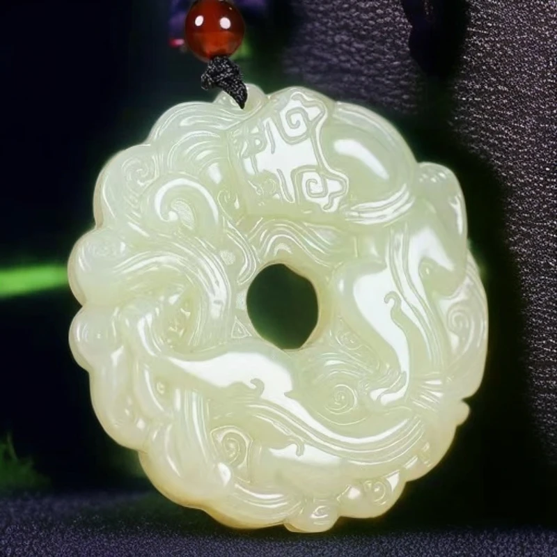 天然和田玉暖白色双龙环玉佩男士女士佩戴双面精美雕刻玉坠佩绳子
