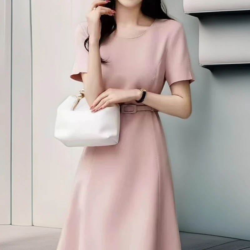 千金贵气名媛风女装夏显瘦小个子中裙高端简约2025粉色a字连衣裙