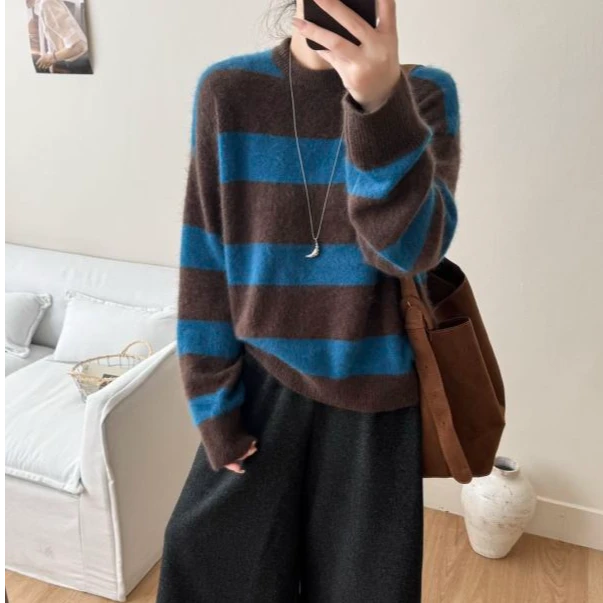 【wlin】羊绒拉毛复古撞色条纹百搭慵懒秋冬针织衫 803108