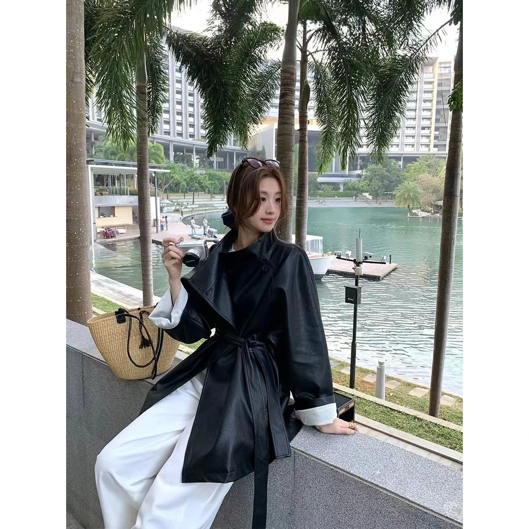 Y148801-秋季韩版长袖时尚秋季西装领口袋常规翻领系带外套