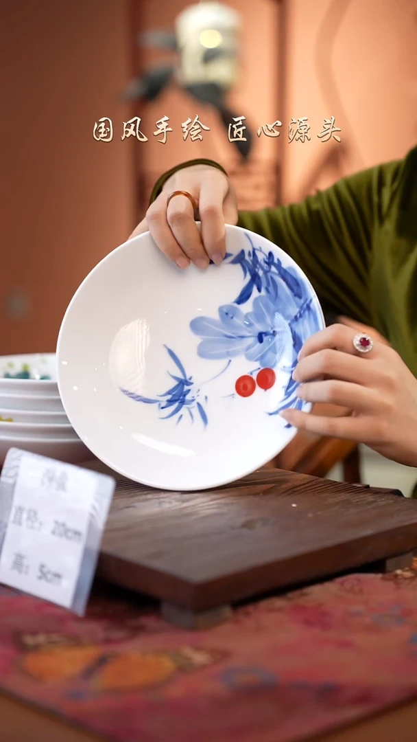 陶瓷景德镇高温釉中彩深盘直径20高5