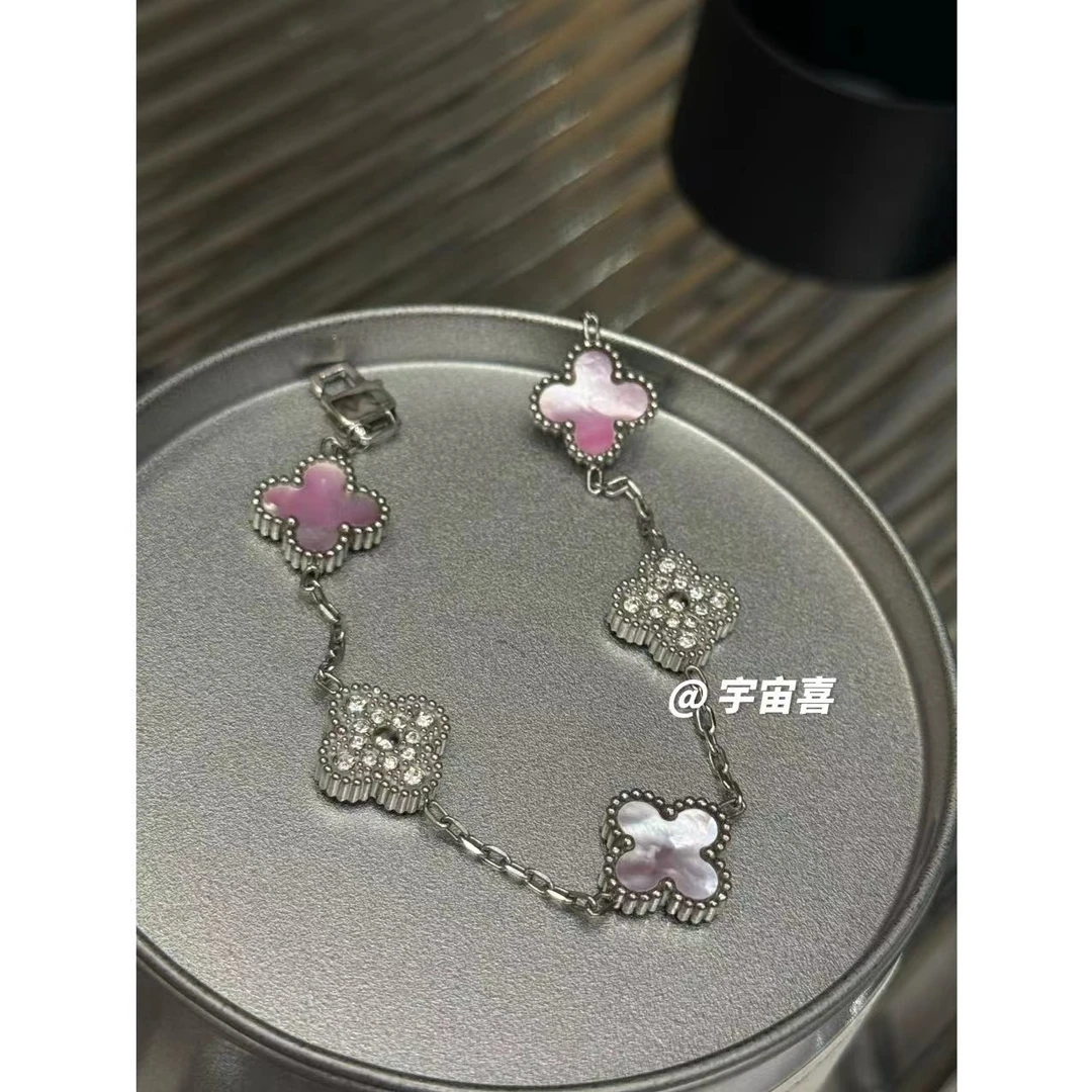 钛钢贝壳手链 F2-054【粉色贝壳锆石花子钛钢手链】