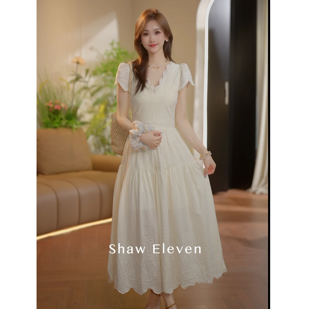 【Shaw Eleven】2025夏季杏色花朵中长款棉布绣花小飞袖连衣裙
