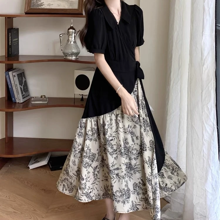 不规则黑色拼接碎花连衣裙女夏季2025新款新中式国风优雅气质长裙