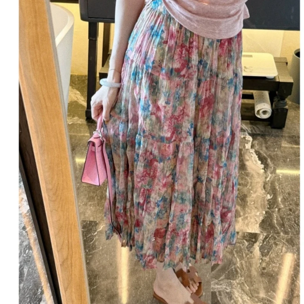 设计款简版纯色短袖T恤+温柔公主风碎花半身裙两件套2025新款夏季