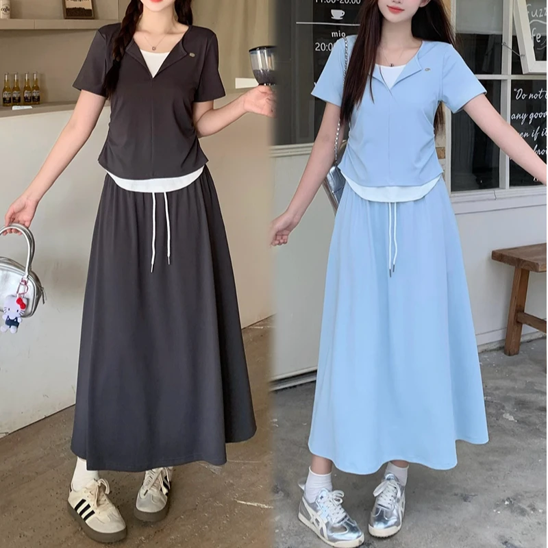 【涵胖胖】2025大码女韩系休闲撞色拼接短袖T恤+半身裙套装22179【B】