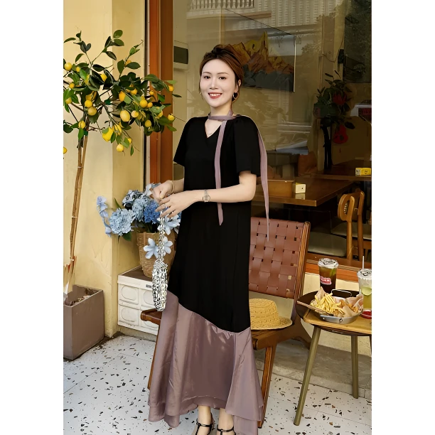 Sunshine【邂逅优雅】法式高质小众设计感拼接连衣裙长裙+飘带