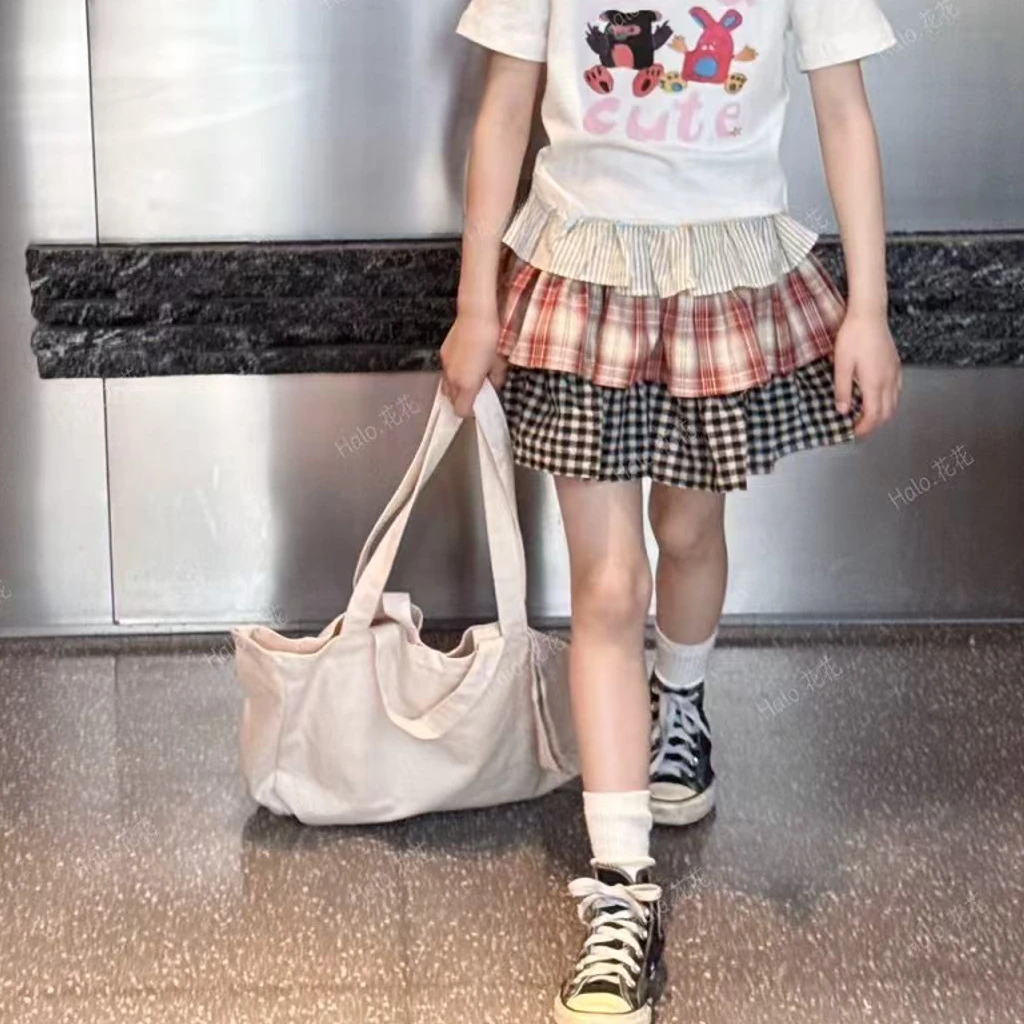 【haobaby】格纹拼色波浪百搭时尚短裙5267