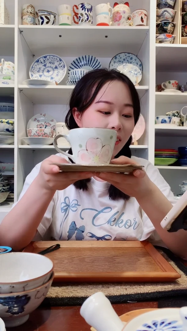 陶瓷【微瑕】粗陶粉色花咖啡杯碟