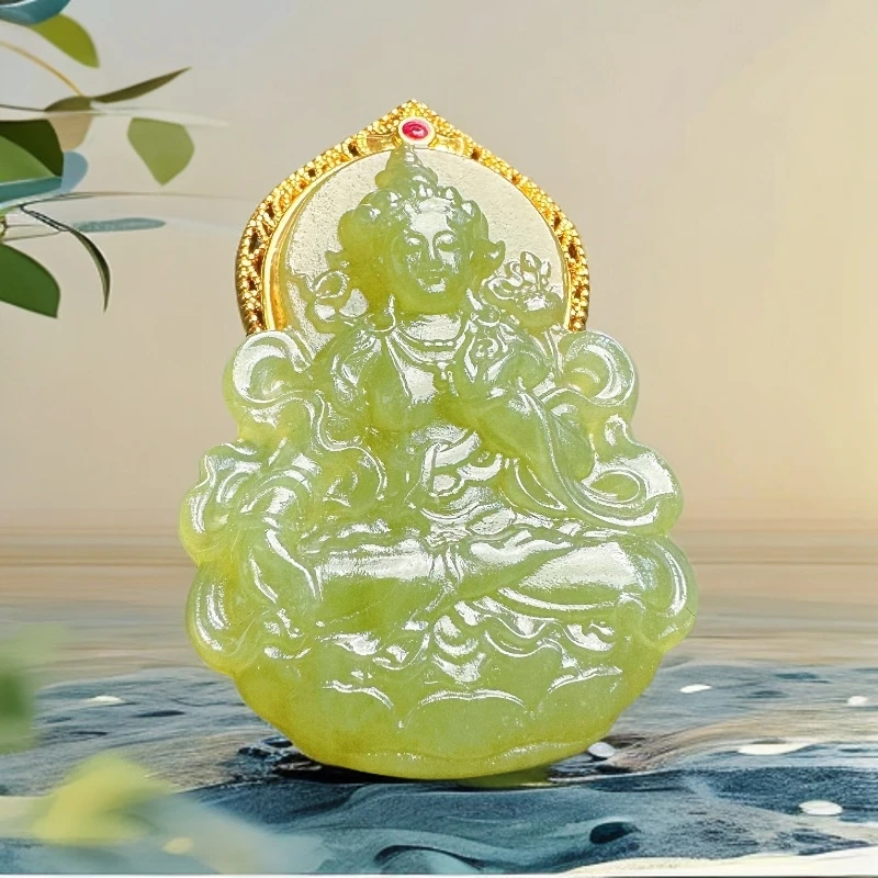 5033和田玉青黄口度母精雕18k金吊坠手工气质时尚精美多样性发一