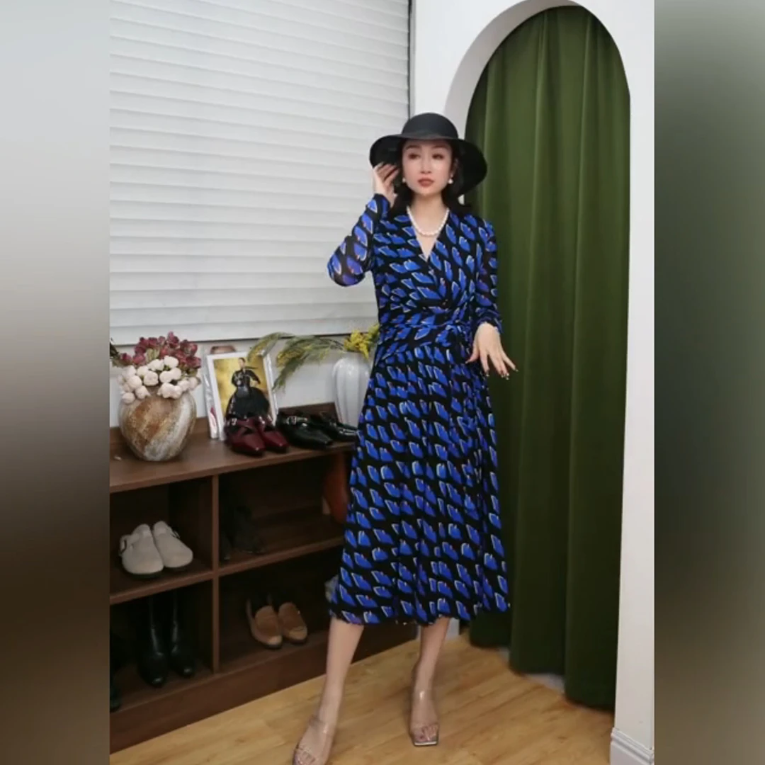 葭恩气质显瘦孔雀羽翼印花V领弹力网纱连衣裙0805