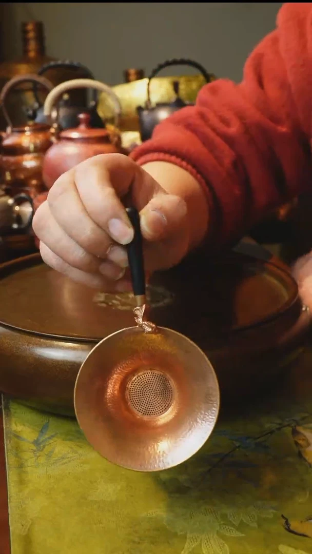 纯紫铜实木柄茶漏