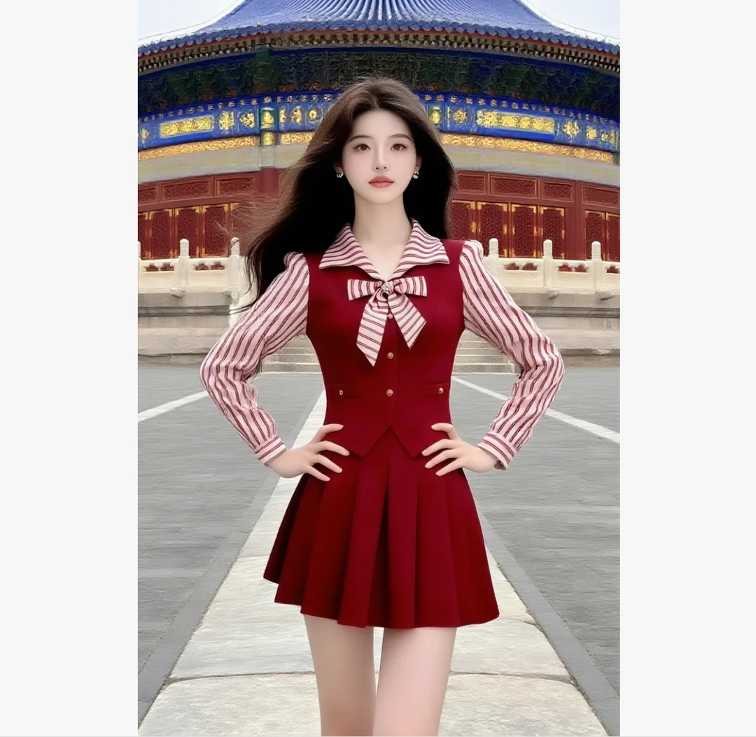 【当天发】通勤风条纹拼接长袖修身上衣+红色百搭高腰半身裙两件套