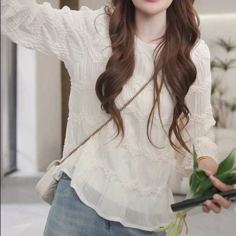 韩版褶皱纹理长袖小衫女上衣气质显瘦时尚2025春夏8355