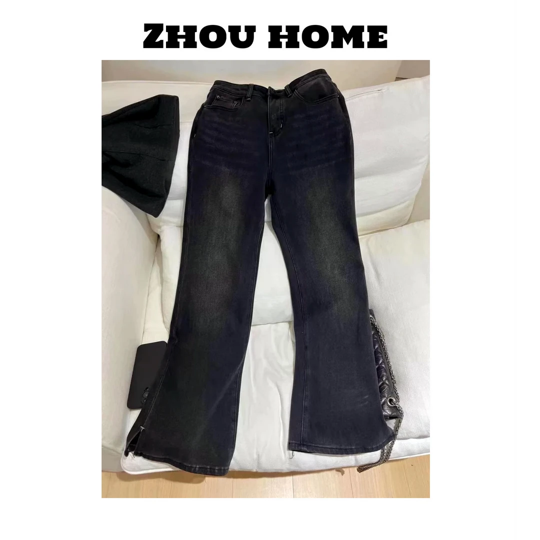 【周周服饰】欧货水洗做旧加厚植绒微喇牛仔裤女冬季2024新款
