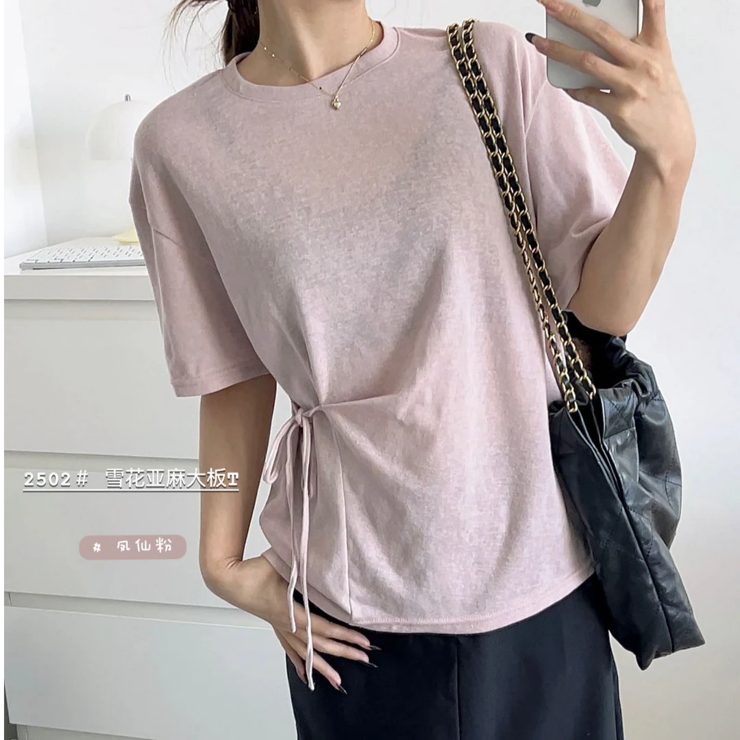 白色短袖T恤蝴蝶结休闲宽松型抽绳不规则宽松简约柔软不扎肉T桖02