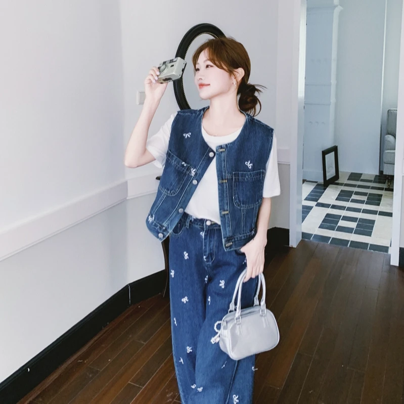 韩系蝴蝶结刺绣牛仔套装女夏季2025新款今年流行超火阔腿裤三件套