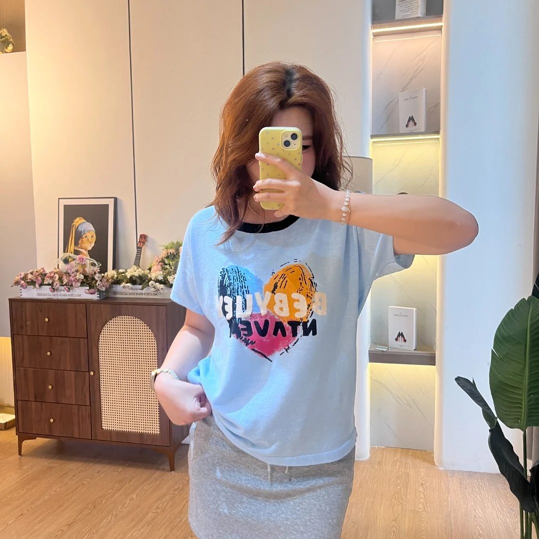 夏季女装大码针织新款洋气时尚百搭休闲爱心字母显瘦短袖上衣圆领