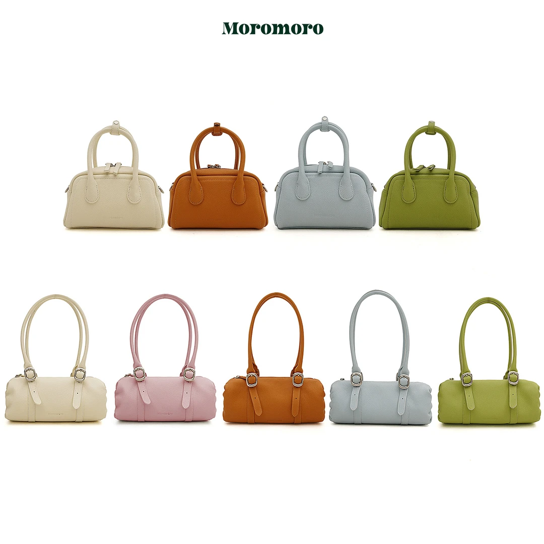 Moromoro头层牛皮荔枝纹哑光春夏色彩圆柱筒型侧面压褶手提腋下包