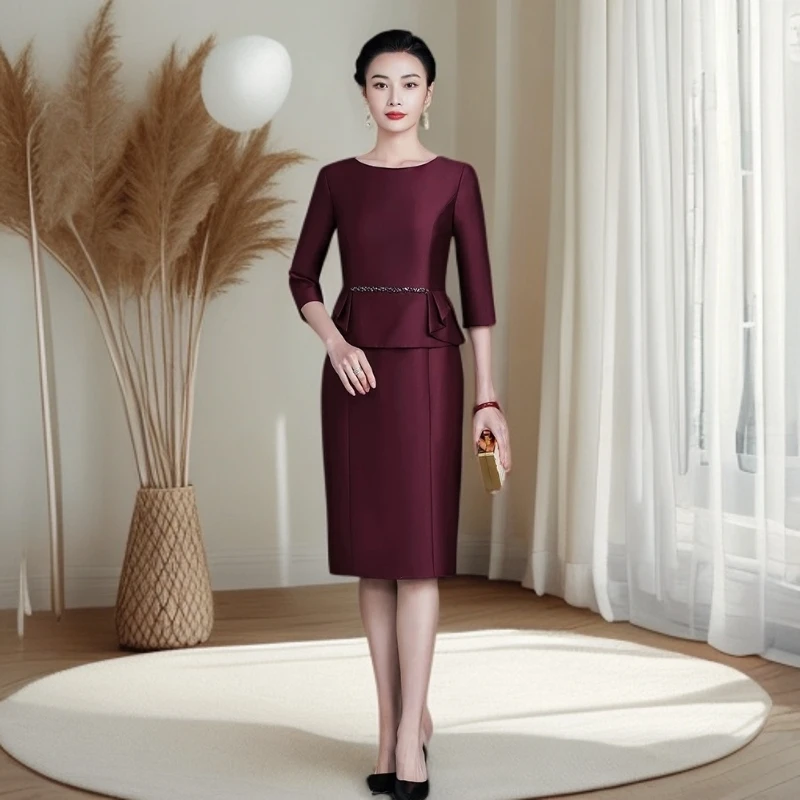 喜妈妈喜婆婆时尚婚宴优雅高贵气质简约大方酒红色宴会礼服5856