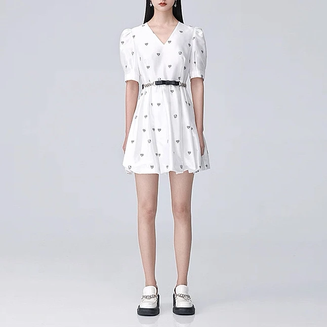 F2002-【芭】无腰带！法式碎花V领显瘦短袖百搭连衣裙#RKF56L010