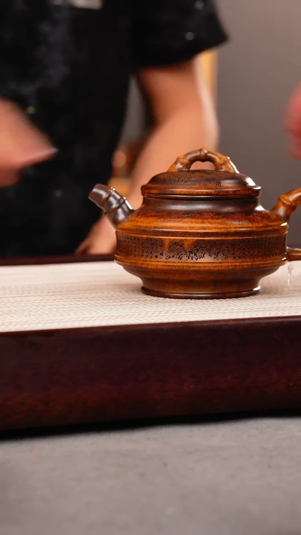 茶杯紫砂龙骨金砂 双线竹鼓 刻绘