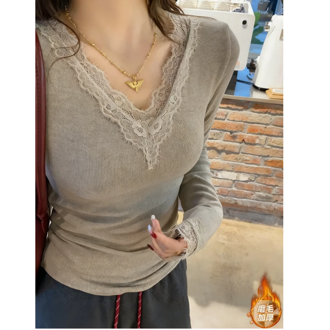 2025秋冬【慕斯双面绒】气质韩版V领蕾丝设计款修身显瘦百搭女9188