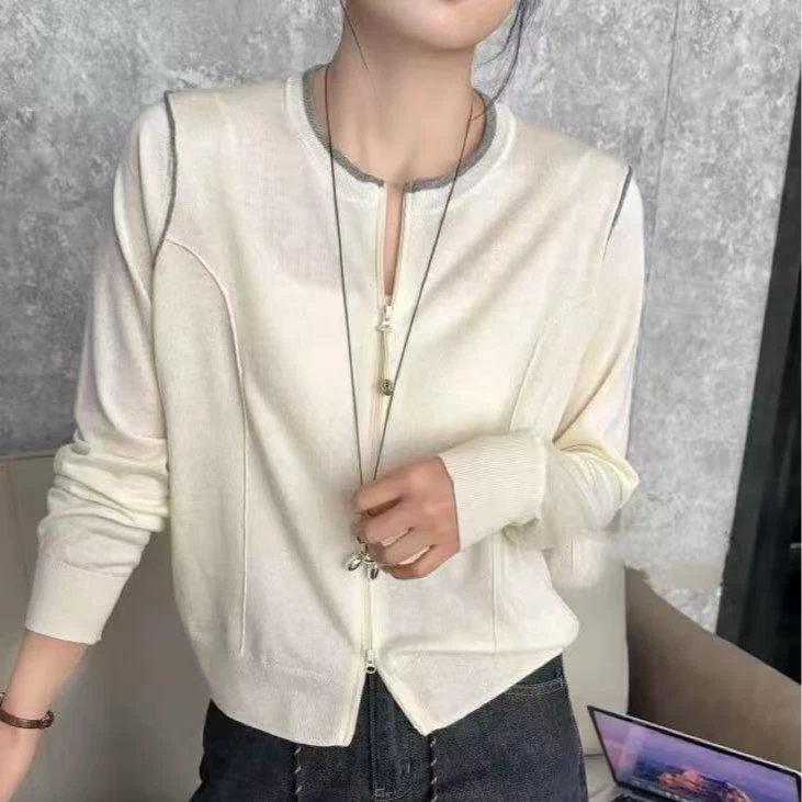 【例畔精选】韩版休闲洋气圆领拼色高级感拉链百搭针织开衫S860#