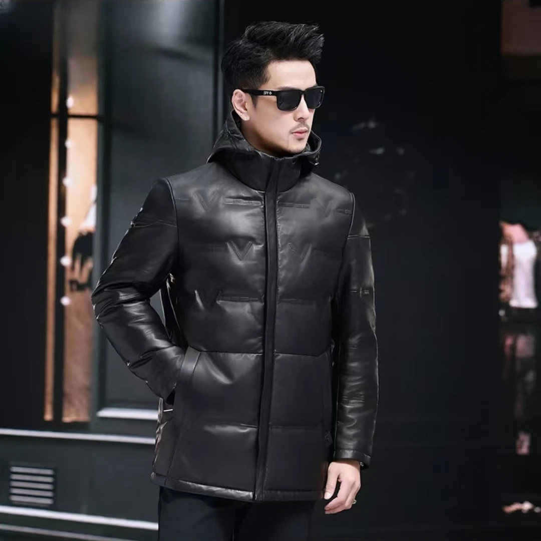 【头层绵羊皮】秋冬皮羽绒中长款连帽男士保暖外套AZN100