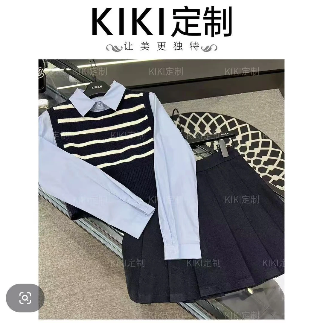 T【校园日记】秋季北极绒翻领假两件学院风百褶毛衣+短裙套装