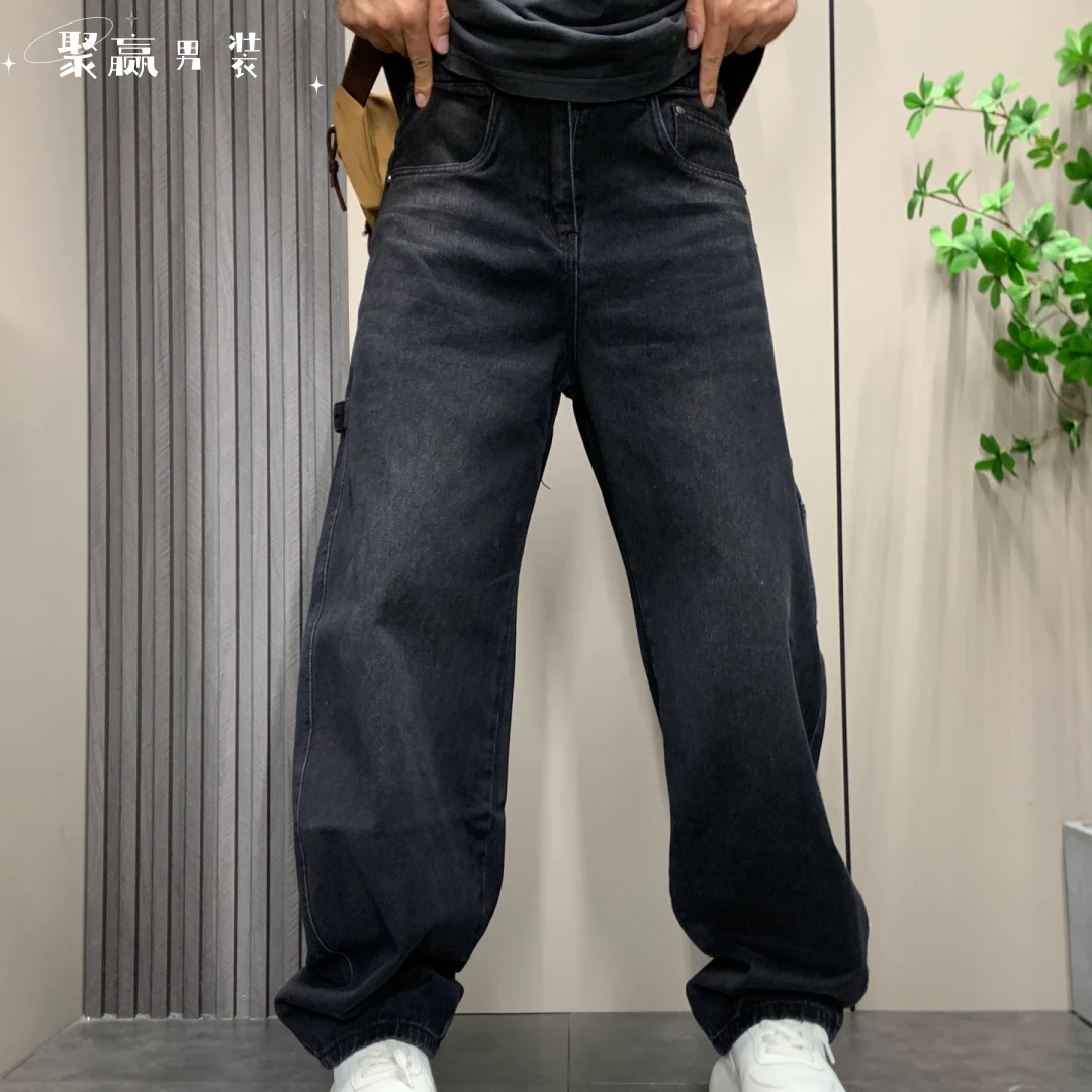 秋冬复古美式硬汉水洗猫须蓝色牛仔裤男宽松伐木裤高街百搭牛仔裤