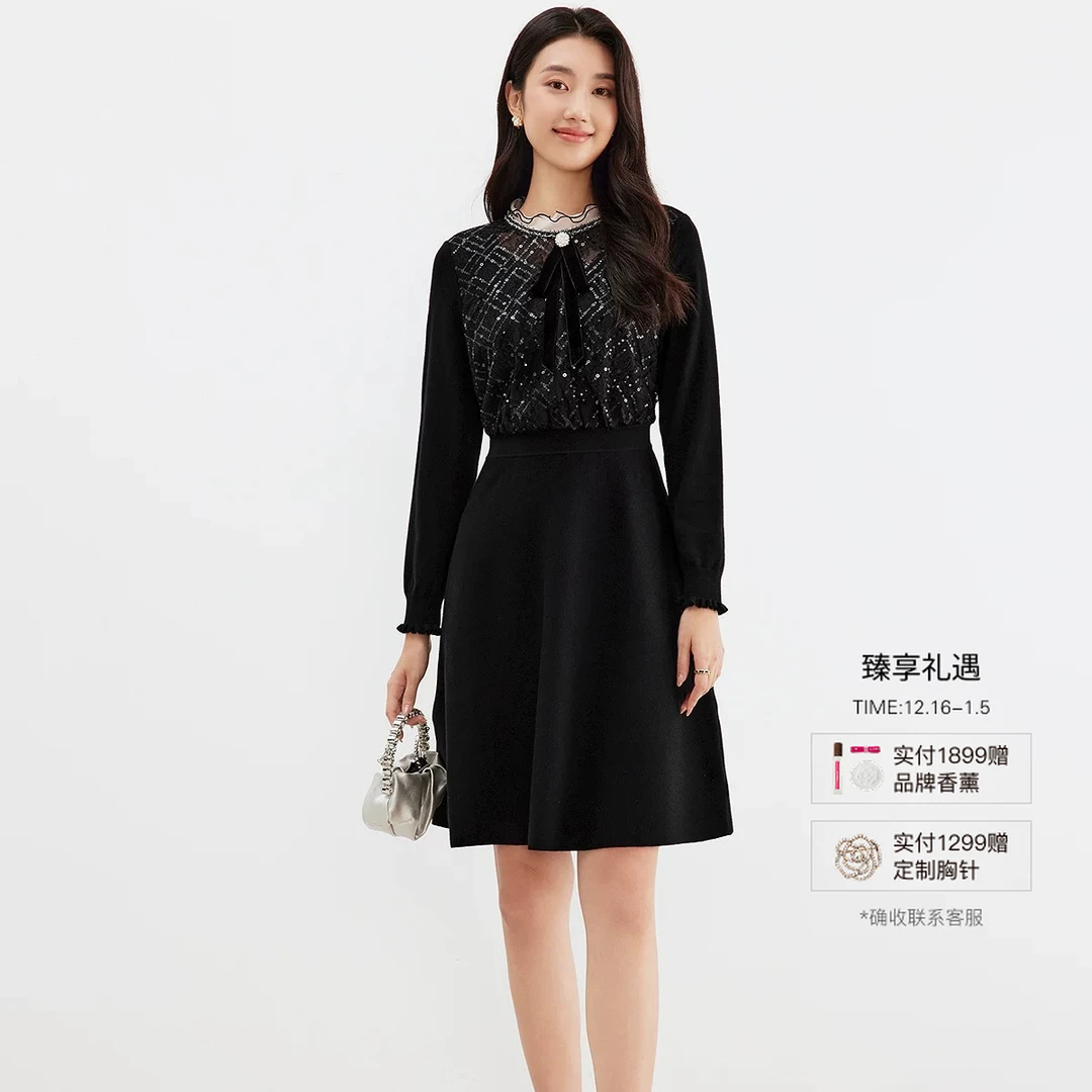 【koradior】珂莱蒂尔2025年新款黑色气质蕾丝圆领连衣裙KF10148W0