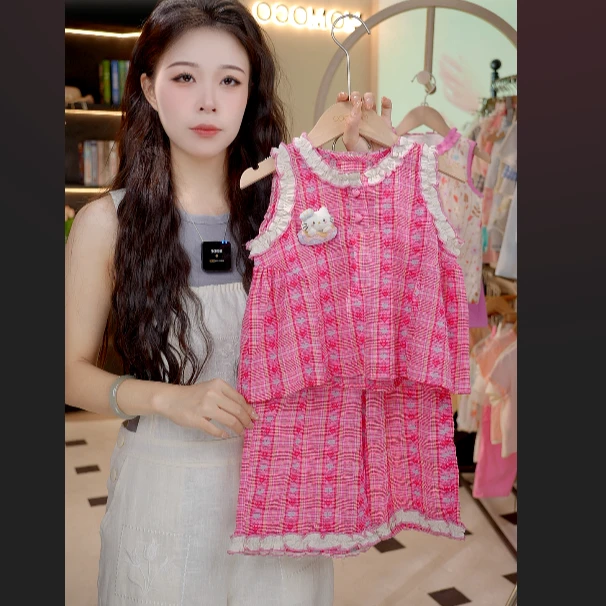 MOMOCO甜美粉色心形女夏季女童气质休闲碎花格子清新套装