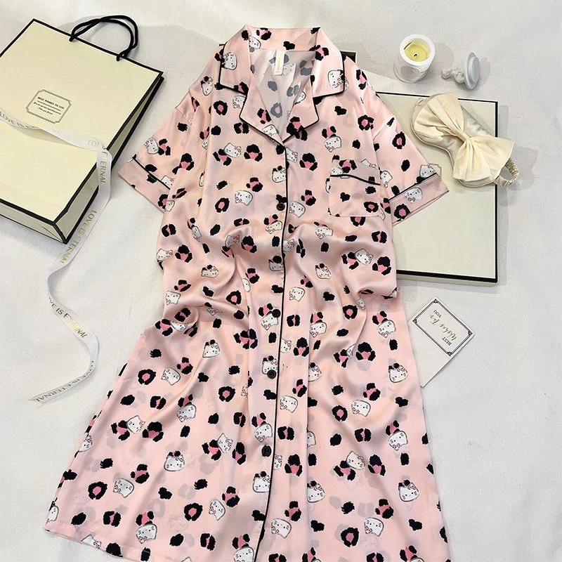 冰雪丝HelloKitty睡裙女夏季2025新款薄款短袖简约中长睡衣家居服