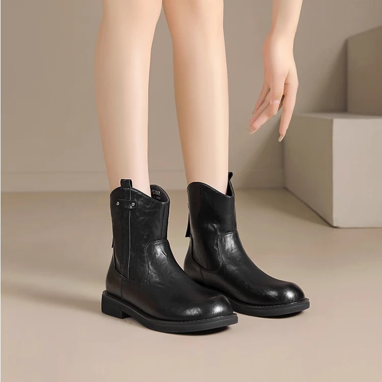 W0555短皮靴女复古秋冬新款后拉链百搭马丁鞋圆头瘦瘦靴女