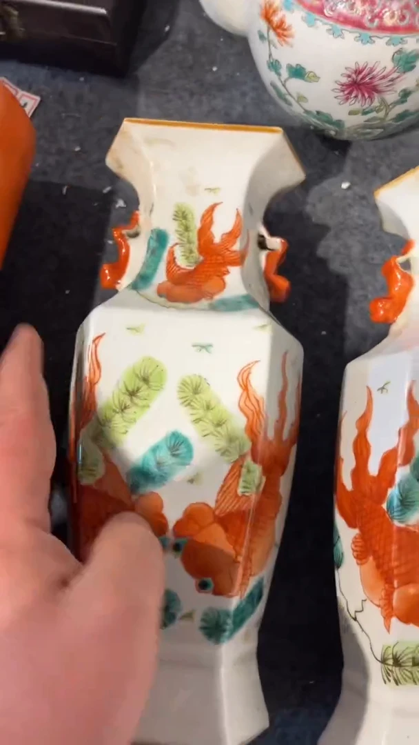 摆件瓷摆件瓷摆件鱼六方瓶