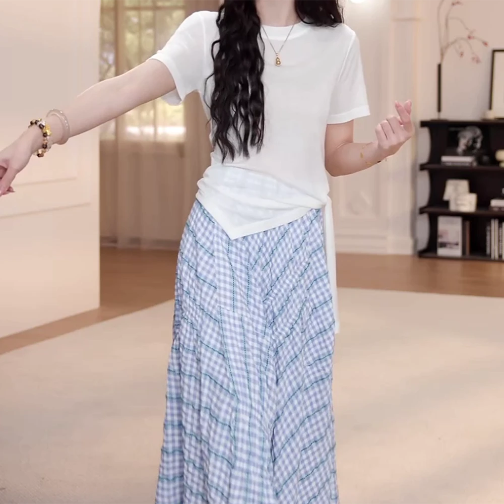2025夏季新款时尚纯色圆领系带短袖T恤+蓝格子裙两件套