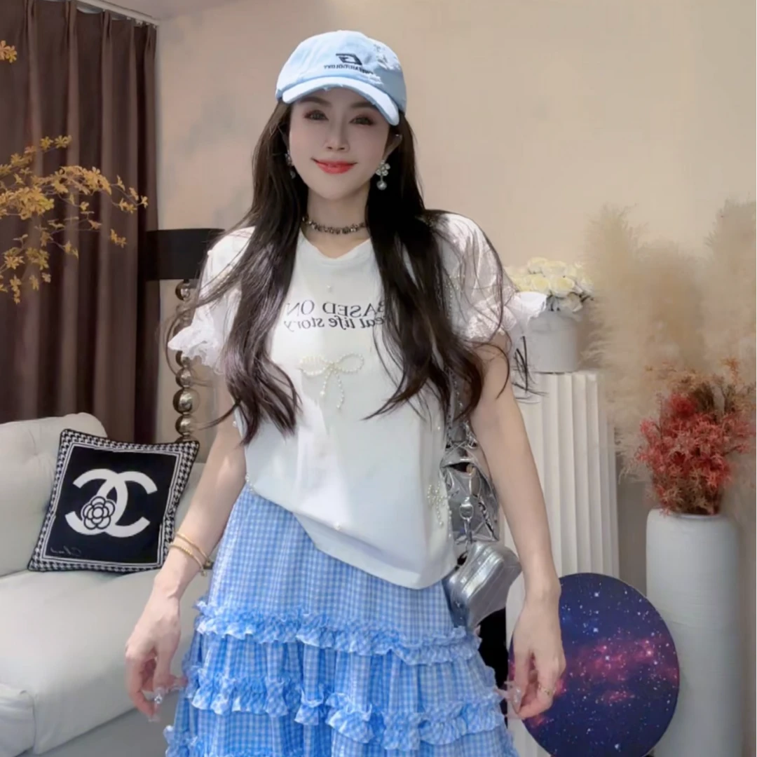 L.X~韩系小众复古蝴蝶结钉珠点缀百搭拼接蕾丝短袖字母T恤女6201