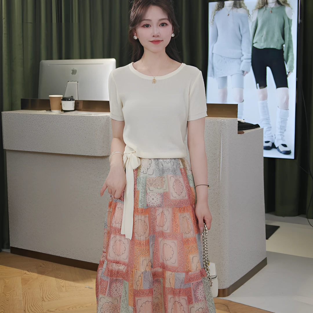 夏季法式花苞衬衫搭配半身裙时尚套装针织显瘦休闲优雅圆领气质