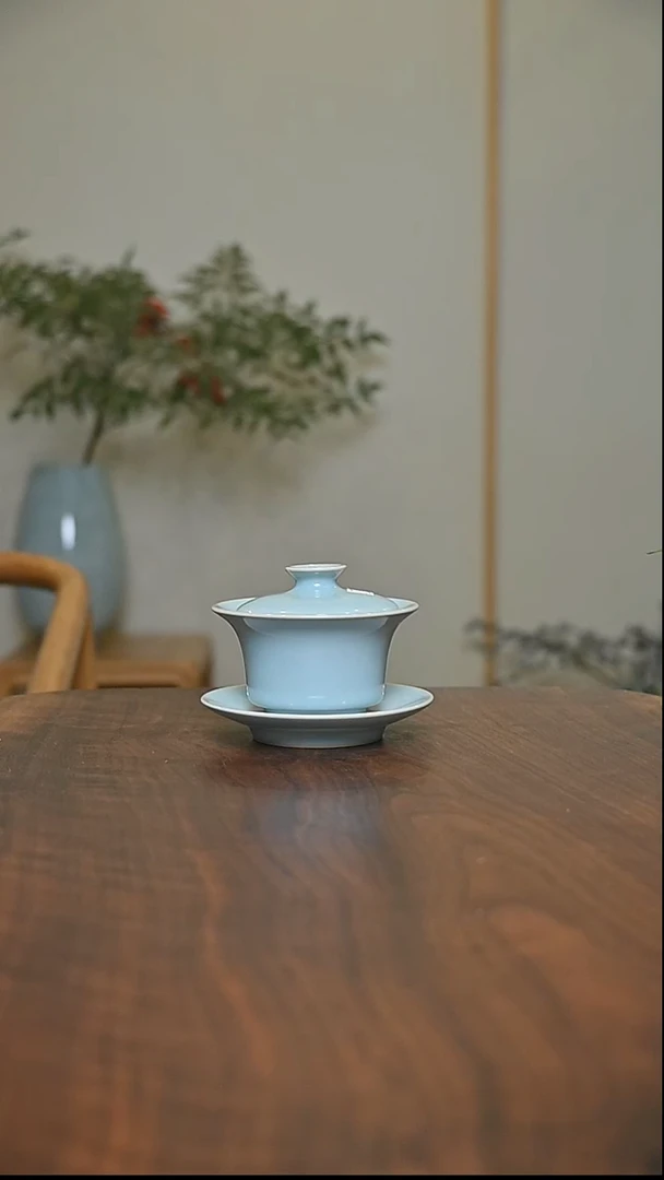 盖碗 天青 微瑕 朱家汝窑款