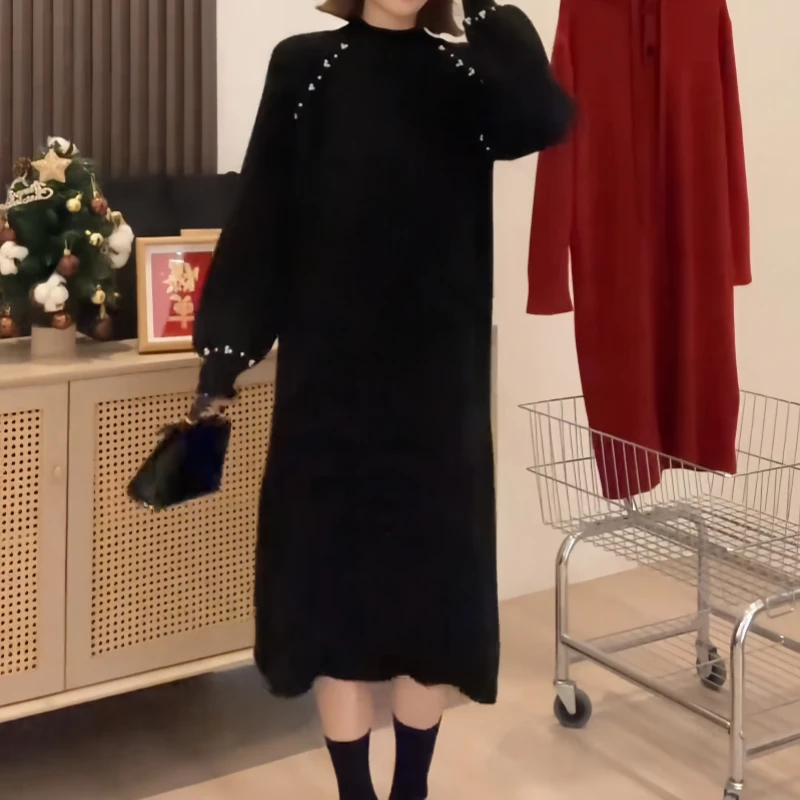 秋季新款女装宽松显瘦长袖长款韩版简约风气质时尚高级针织连衣裙