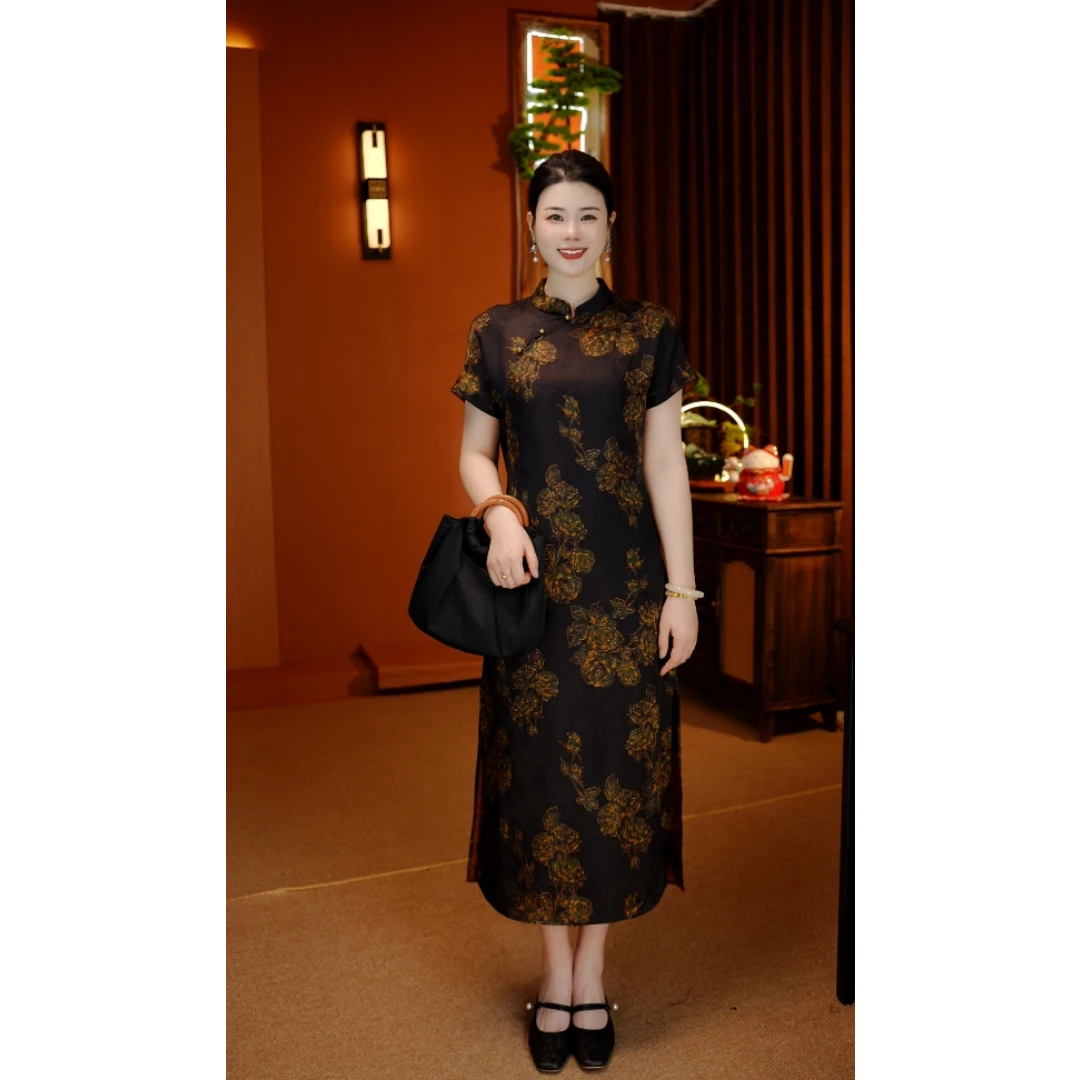 【黑金玫瑰】 双面穿中式夏季短袖显瘦旗袍领圆领提花女装连衣裙