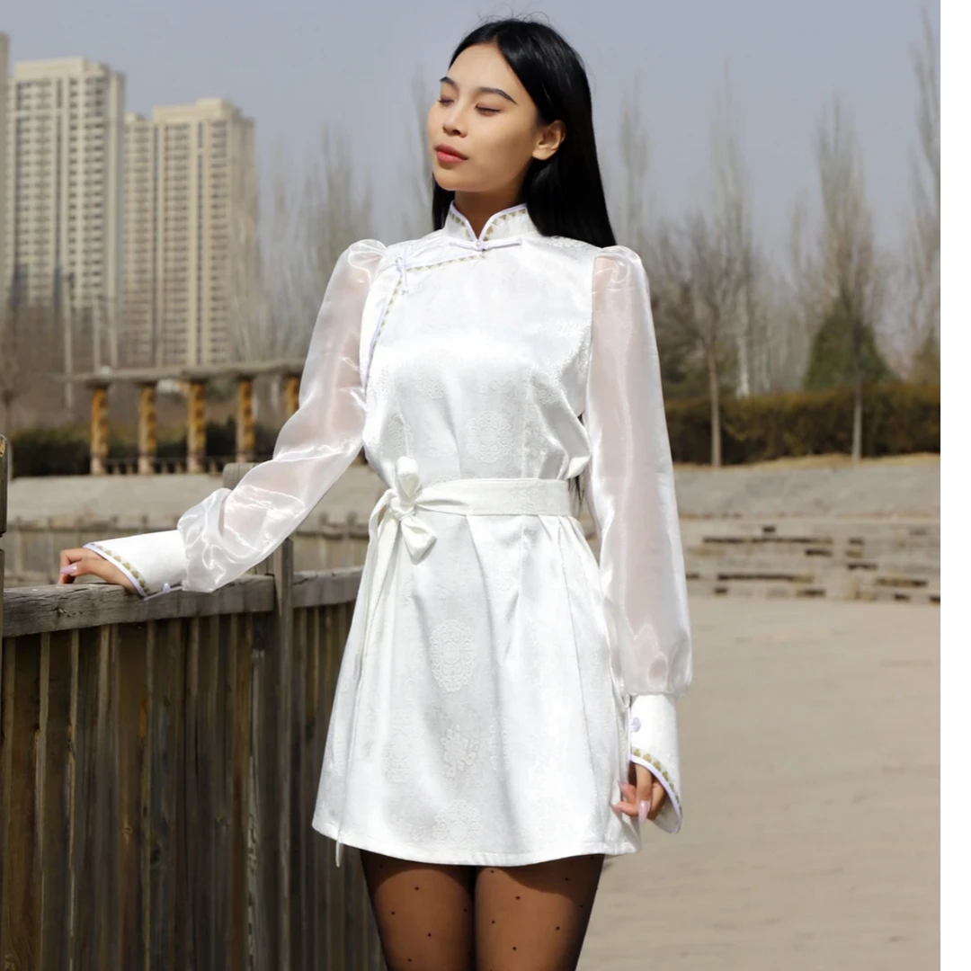 Adiyabrand蒙古元素中长连衣裙子纱袖防晒小个子国风出游服装女