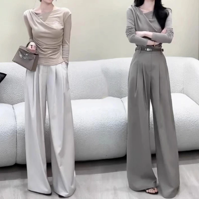 拉夏贝尔高级感早秋穿搭一整套女不规则长袖T恤上衣阔腿裤两件套