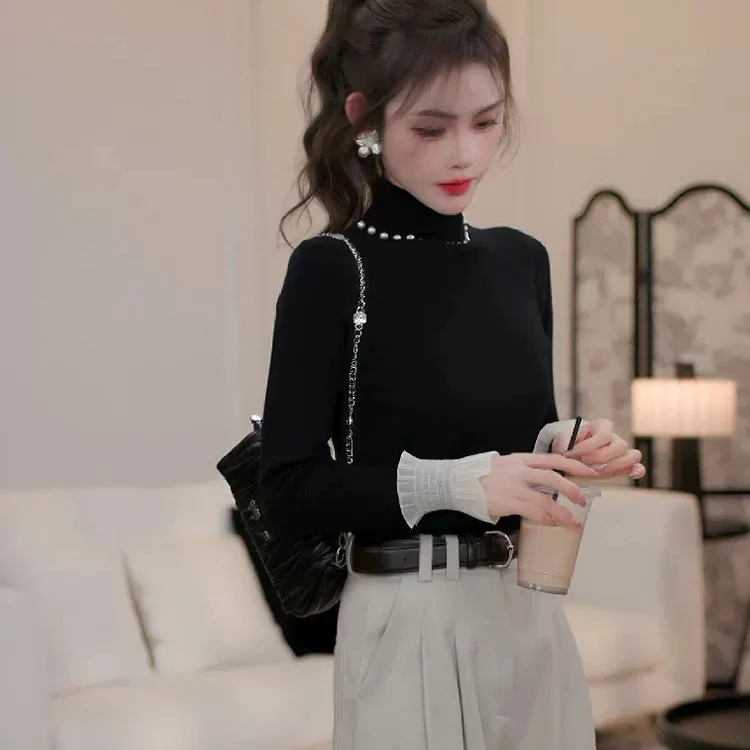 法式钉珠半高领打底衫女2025新款秋季内搭蕾丝拼接长袖针织毛衣